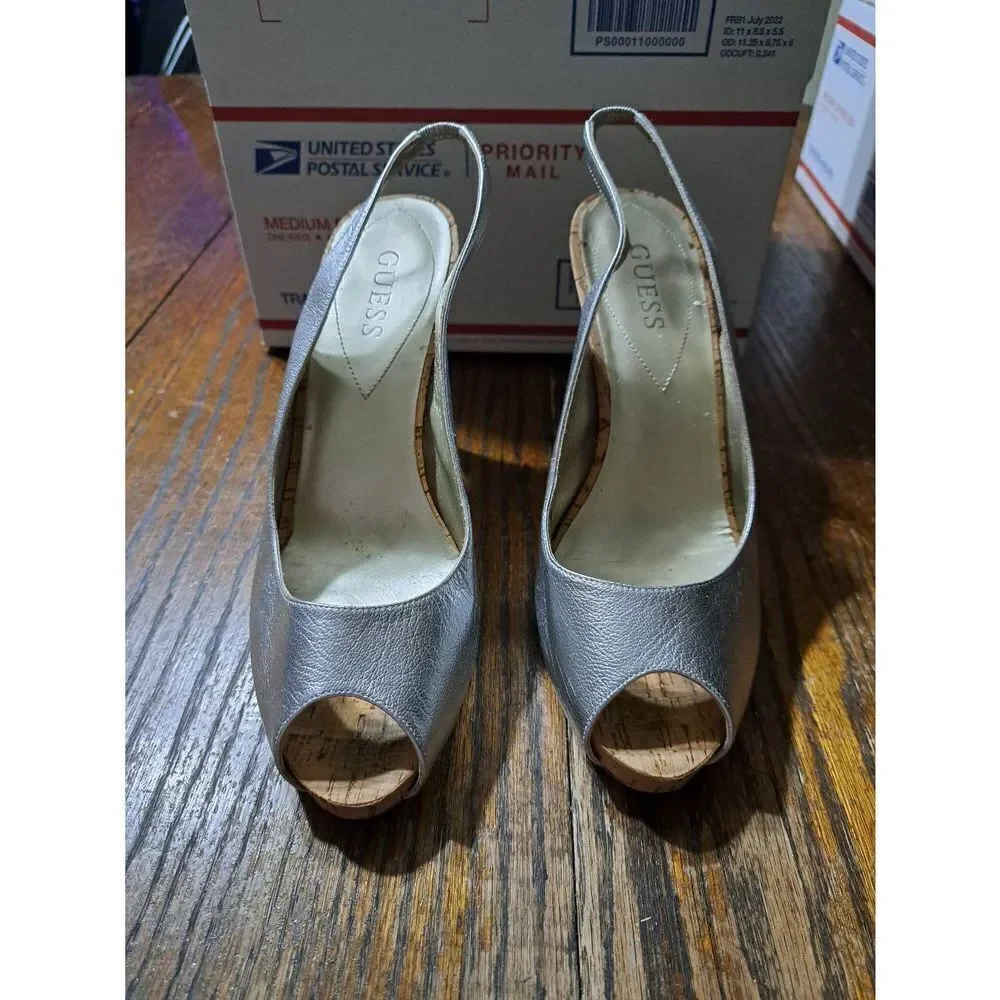 Size 9M Guess Silver Sling Back Peep Toe Cork High Heel Dress Shoes